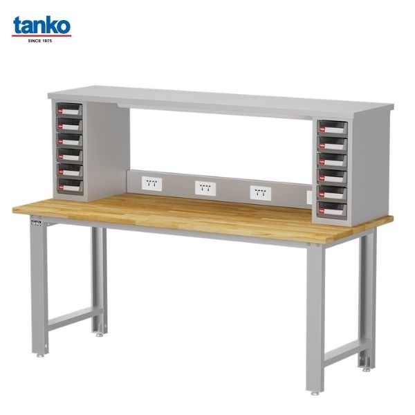 TANKO : โต๊ะทำงานช่างหน้าท็อปไม้ หน้ากว้าง 1.8 เมตร รับน้ำหนักได้ 600 กิโล พร้อมกล่องใส่อะไหล่ ชั้นวาง ปลั๊กไฟ และหลอดไฟ รุ่น WB-67W7