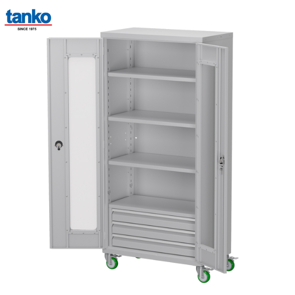 ตู้เหล็กเก็บเครื่องมือช่างติดล้อพร้อมลิ้นชักพร้อมชั้นวาง ประตูบานใส TANKO