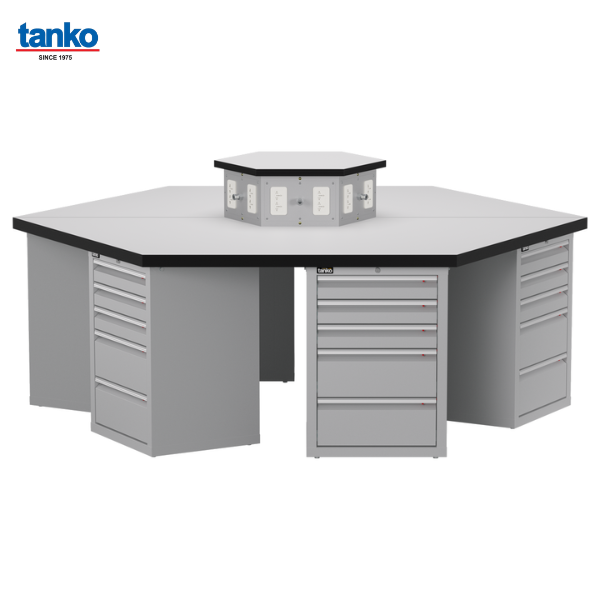 โต๊ะช่างหกเหลี่ยมหน้าท็อปลามิเนตพร้อมตู้เหล็กลิ้นชักและช่องปลั๊กไฟ TANKO