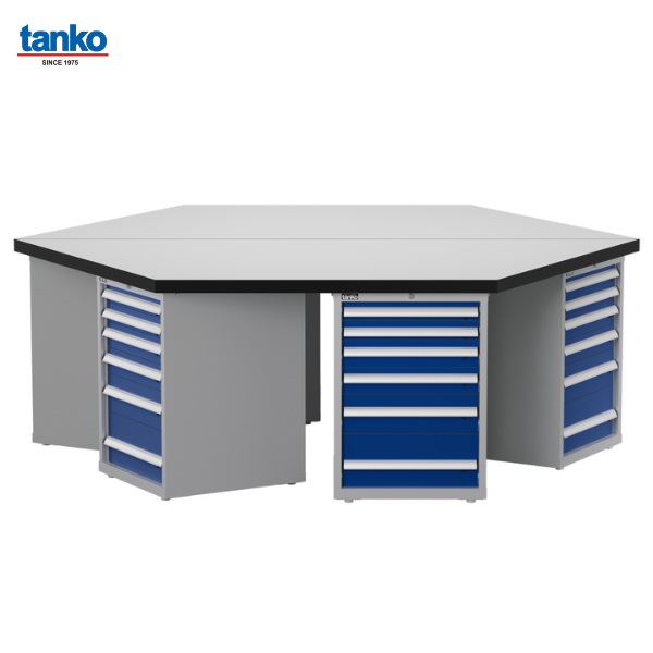 โต๊ะช่างหกเหลี่ยมหน้าท็อปลามิเนตพร้อมตู้เหล็กลิ้นชักงานหนัก TANKO