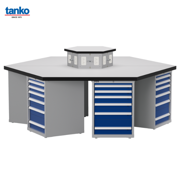 โต๊ะช่างหกเหลี่ยมหน้าท็อปลามิเนตพร้อมตู้เหล็กลิ้นชักงานหนักและช่องปลั๊กไฟ TANKO
