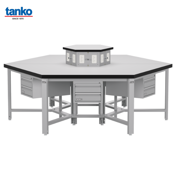 โต๊ะช่างหกเหลี่ยมหน้าท็อปลามิเนตพร้อมลิ้นชักและช่องปลั๊กไฟ TANKO