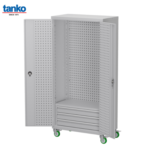 ตู้เหล็กเก็บเครื่องมือช่างติดล้อ พร้อมรูแผงแขวนเครื่องมือและลิ้นชัก TANKO