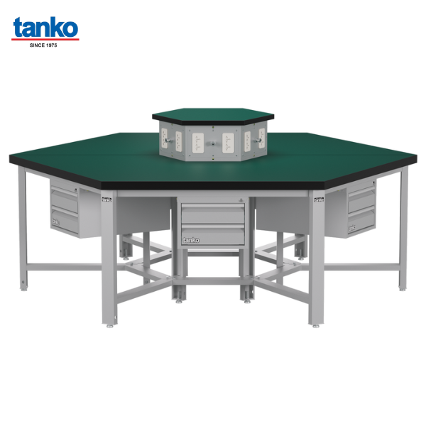 โต๊ะช่างหกเหลี่ยมหน้าท็อปยางพร้อมลิ้นชักและช่องปลั๊กไฟ TANKO