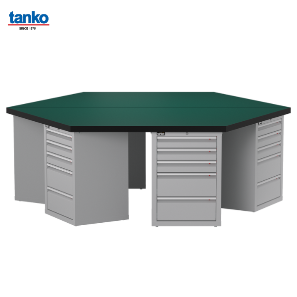 โต๊ะช่างหกเหลี่ยมหน้าท็อปยางพร้อมตู้เหล็กลิ้นชัก TANKO