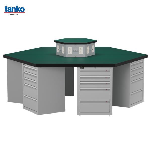 โต๊ะช่างหกเหลี่ยมหน้าท็อปยางพร้อมตู้เหล็กลิ้นชักและช่องปลั๊กไฟ TANKO