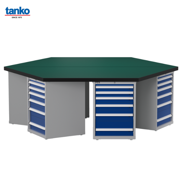 โต๊ะช่างหกเหลี่ยมหน้าท็อปยางพร้อมตู้เหล็กลิ้นชักงานหนัก TANKO