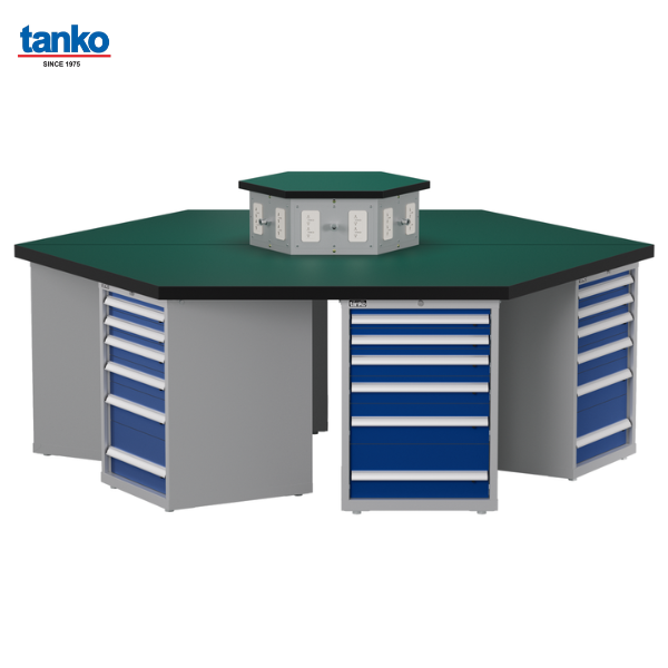 โต๊ะช่างหกเหลี่ยมหน้าท็อปยางพร้อมตู้เหล็กลิ้นชักงานหนักและช่องปลั๊กไฟ TANKO