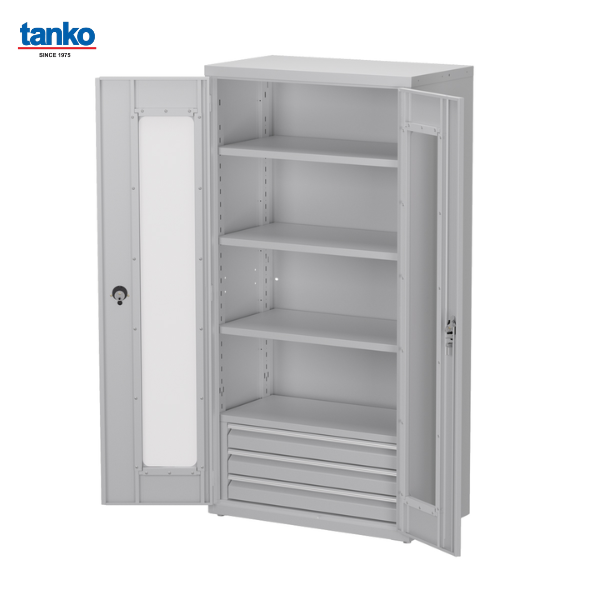 ตู้เหล็กเก็บเครื่องมือช่าง 3 ชั้นวางพร้อมลิ้นชัก ประตูบานใส TANKO