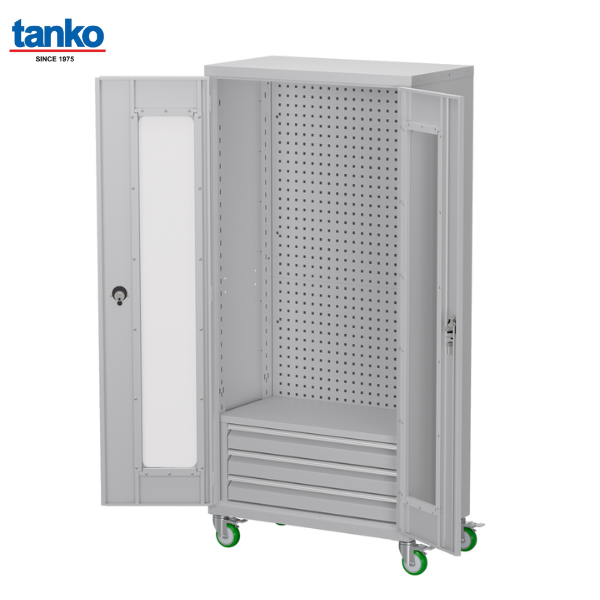 ตู้เหล็กเก็บเครื่องมือช่างติดล้อ พร้อมรูแผงแขวนเครื่องมือและลิ้นชัก ประตูบานใส TANKO
