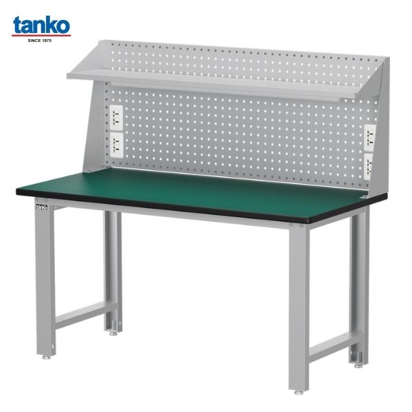 TANKO : โต๊ะทำงานช่างหน้าท็อปยาง หน้ากว้าง 1.5 เมตร รับน้ำหนักได้ 600 กิโล พร้อมแผงแขวนเครื่องมือ ชั้นวาง ปลั๊กไฟ และหลอดไฟ รุ่น WB-57N6