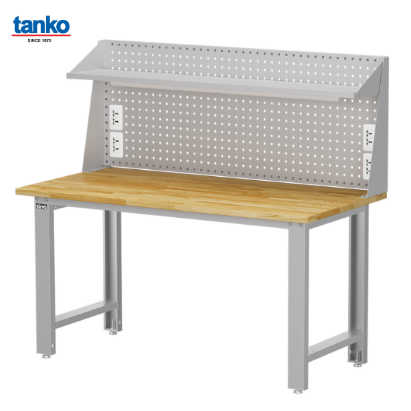 TANKO : โต๊ะทำงานช่างหน้าท็อปไม้ หน้ากว้าง 1.5 เมตร รับน้ำหนักได้ 600 กิโล พร้อมแผงแขวนเครื่องมือ ชั้นวาง ปลั๊กไฟ และหลอดไฟ รุ่น WB-57W6