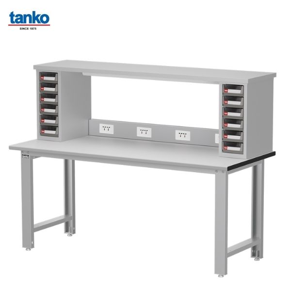 TANKO : โต๊ะทำงานช่างหน้าท็อปลามิเนต หน้ากว้าง 1.8 เมตร รับน้ำหนักได้ 600 กิโล พร้อมกล่องใส่อะไหล่ ชั้นวาง ปลั๊กไฟ และหลอดไฟ รุ่น WB-67F7