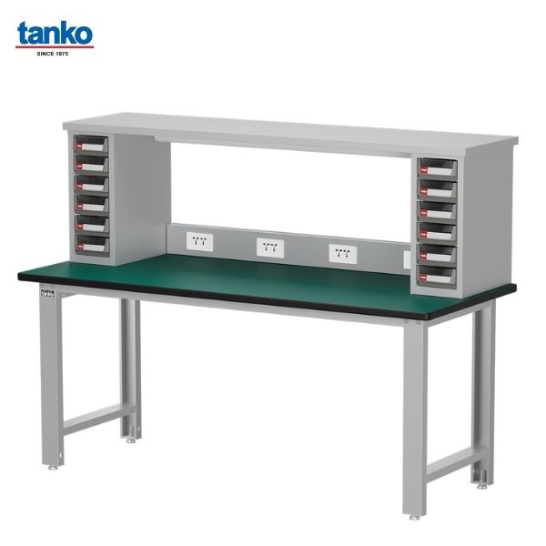 TANKO : โต๊ะทำงานช่างหน้าท็อปยาง หน้ากว้าง 1.8 เมตร รับน้ำหนักได้ 600 กิโล พร้อมกล่องใส่อะไหล่ ชั้นวาง ปลั๊กไฟ และหลอดไฟ รุ่น WB-67N7