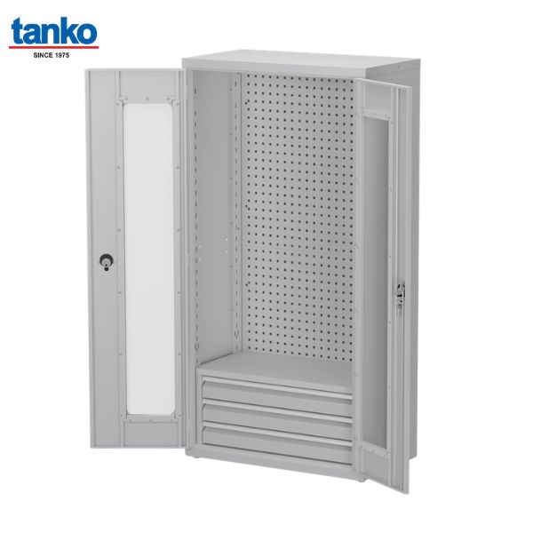 ตู้เหล็กเก็บเครื่องมือช่าง พร้อมแผงแขวนและลิ้นชัก บานอะคริลิค TANKO รุ่น SAQ-362K