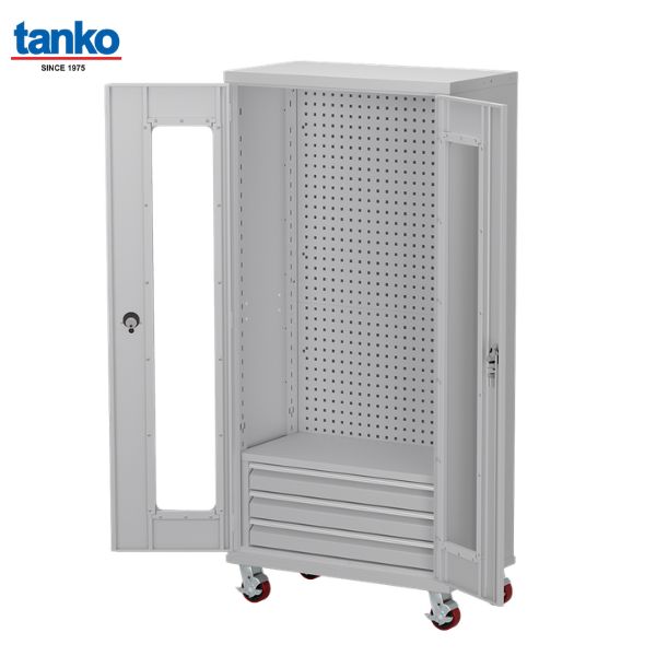 ตู้เหล็กเก็บเครื่องมือช่าง พร้อมแผงแขวน ลิ้นชัก และล้อเลื่อน บานอะคริลิค TANKO รุ่น SAQ-362KM