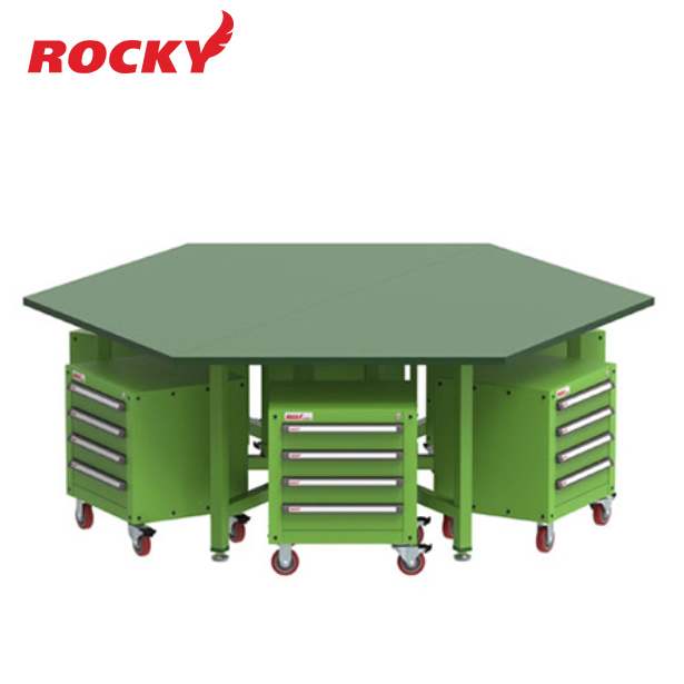 โต๊ะช่างหกเหลี่ยม + 6 ตู้เครื่องมือ ROCKY รุ่น RHWB-MW24RD หน้าท๊อป Merawood