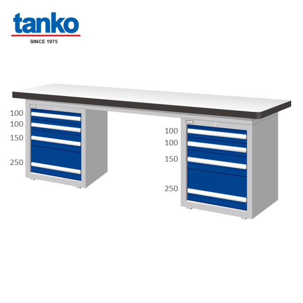 TANKO : โต๊ะช่างทำงานหนัก หน้ากว้าง 2.1 เมตร หน้าท็อปลามิเนต พร้อมตู้ลิ้นชัก รุ่น WAD-77042F_Grey
