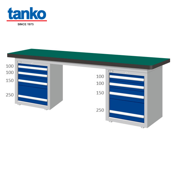 TANKO : โต๊ะช่างทำงานหนัก หน้ากว้าง 2.1 เมตร หน้าท็อปยาง พร้อมตู้ลิ้นชัก รุ่น WAD-77042N_Grey